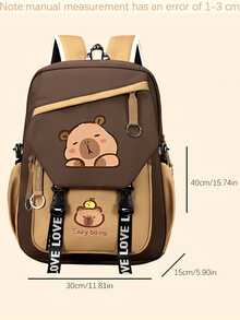 1pc Cute Water Vole Pattern Contrast Color Backpack, Large Capacity Lively Student Backpack, Multi-Pocket Design, Fashion Backpack, Practical Handbag, Personalized Lightweight Backpack. Note: Strap Color Is Randomly Shipped. - Khaki - View 8