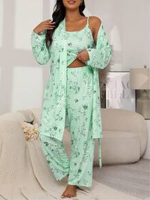 Plus Size Casual Pajama Set, Women's Floral & Butterfly Print Long Sleeve Belted Robe & Cami Top & Pants Lounge 3pcs Set For Fall & Winter - Light Green - View 3