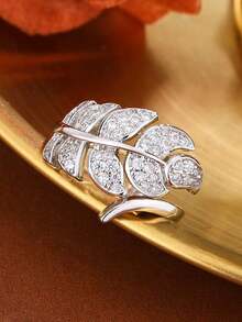 Asymmetrical Feather Wing Cubic Zirconia Ring, Unique Design Jewelry Gift For Women - White - View 2