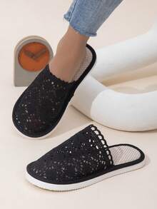 Women's Lace Woven Linen Slippers, Comfortable Indoor Home Quiet Hollow Breathable Unisex Slippers For All Seasons - Black - View 4