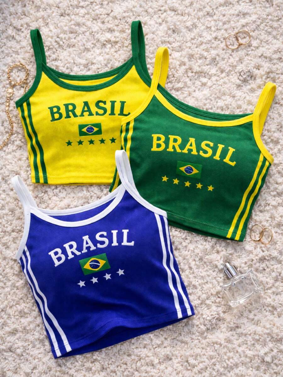 Kit Of 3 Women's Strappy Cropped Tops In Supplex Fabric For Summer, World Cup Brazil Rio De Janeiro, Women's Virginia Beach Inspiration, Ribbed Premium Fabric, Basic Tank Top, New Release, - Vàng, Xanh lá và Xanh dương - Xem 1