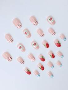 24片椭圆形美甲贴纸套装 - 春夏清新法式红蓝条纹图案，水果（石榴）图案。全覆盖式人造指甲。适合女性和女孩。春夏美甲设计，适合派对、约会和日常办公佩戴。美甲用品、美甲装饰、假指甲！ - 彩色 - 查看 5