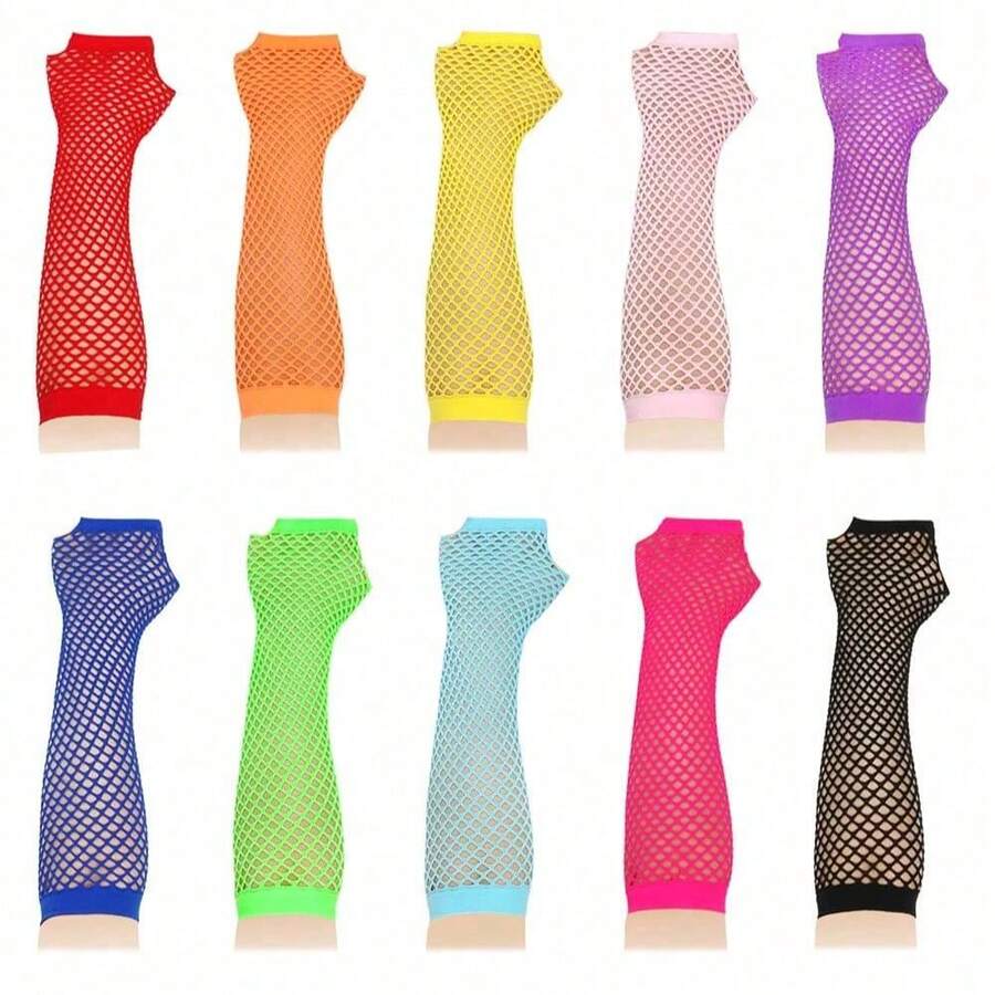 1980s Neon Street Party Punk Fishnet Fingerless Gloves, Stretchy, For Party, Carnival, Mother's Day Gift - Multicolor - View 1
