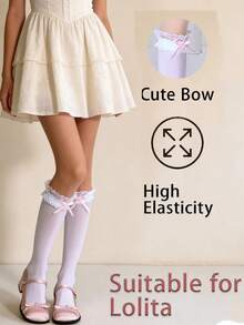 1双女士白色蕾丝荷叶边粉色蝴蝶结袜子 | 可爱甜美少女风 | 百搭日常必备 | 适合日常穿着和休闲外出 - 彩色 - 查看 2