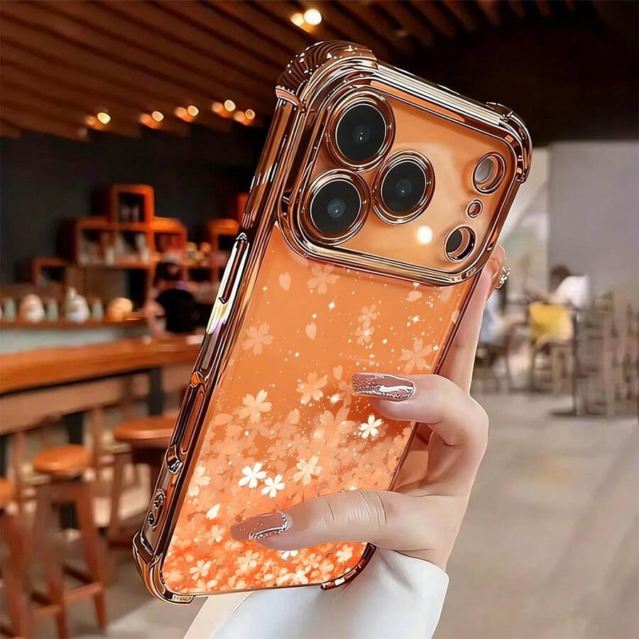 樱花图案 1 件装 简约樱花电镀四角防摔 TPU 手机壳，兼容苹果 17 Pro Max、16 Pro Max、16 Pro、16、16 Plus、11、15 Pro Max、14 Pro Max、三星 Galaxy、荣耀、X7B、X8B、S24、S24U、23U、A55、A54、A13、A14 国际版，非国内版 - 橘色 - 查看 1