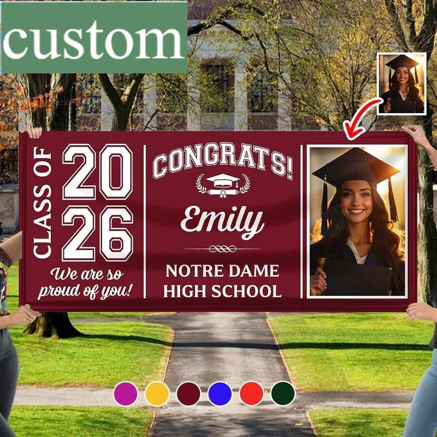 Custom Class Of 2026 Graduation Banner With Photo Personalized Congrats Graduate Sign For High School And College Graduation Party Decorations Customizable Name And School Grad Backdrop - Multicolor - View 1