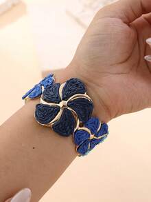 1pc Handmade Paper Yarn Woven Oversized Floral Bracelet, Adjustable, Suitable For Vacation, Party, Market, Afternoon Tea And Daily Wear, Blue - Blue - View 7