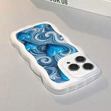 1pc Transparent Wave Shaped Protective Phone Case With Blue Ink Heart Pattern, Suitable For Daily Use Compatible With IPhone17Air/17pro/17promax/17/16e/16/15/14/13/12/11/X/Xr/8/7/GalaxyA14/A15/A54/S24/S24Ultra Series - Clear - View 5