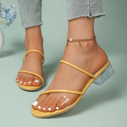 黄色粗跟女士套脚凉鞋，夏季新款时尚百搭优雅女士露趾沙滩鞋