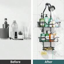 Shower Caddy Hanging, 3 Tier Rustproof Shower Organizer, Shower Rack With Baskets/Soap Basket, Hooks For Razor/Sponge, No Drilling Bathroom Organizer Over Showerhead - Black - Black - View 9