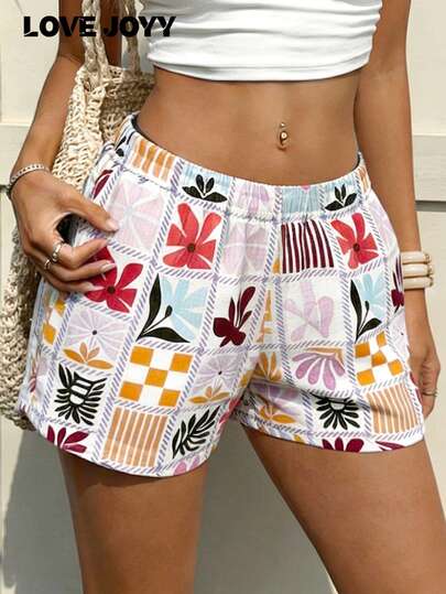 LOVE JOYY 女士弹力腰带休闲印花短裤，夏季沙滩装