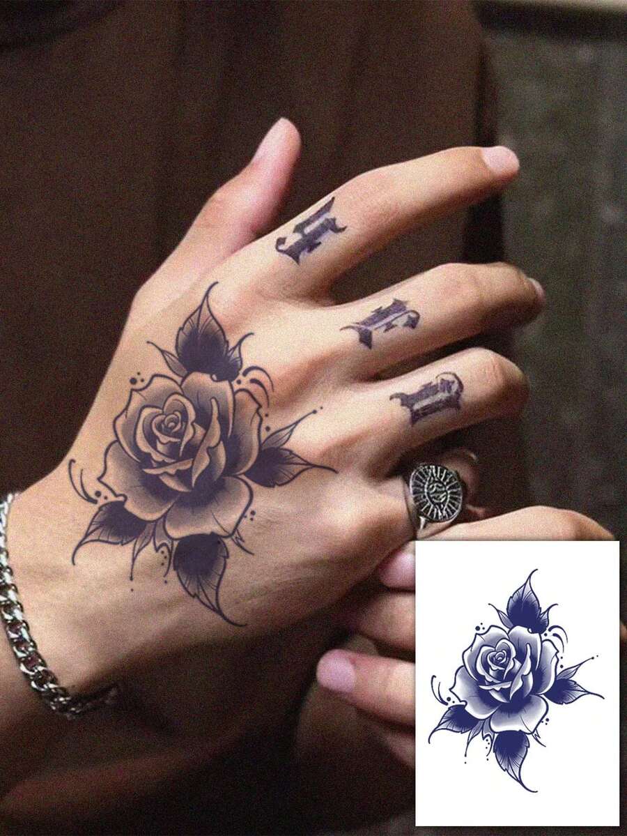 1pc Y2K Style Minimalist Rose Graphic Temporary Tattoo Sticker, Lasts 1-2 Weeks, Waterproof & Easy To Use, Suitable For Arms, Waist, Feet Of Men & Women, Natural Matte Finish, Reusable Waterproof Fake Tattoo, Essential For Parties, Gifts, Travel, Music Festivals, Suitable For Daily Use - Dark Grey - View 1