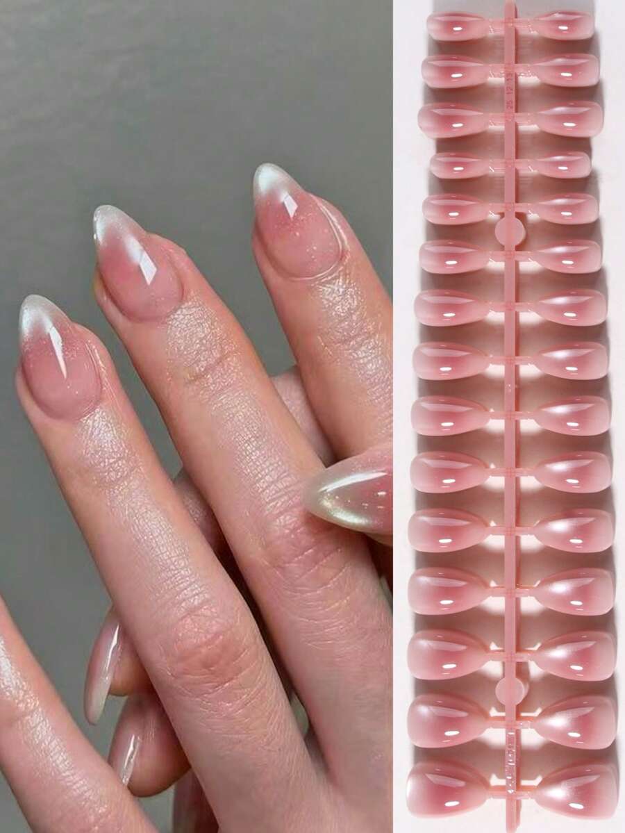 Set Kuku Palsu French Cat Eye Bentuk Almond Pendek 150pcs, Ukuran Sedang, Termasuk 1 Gel Polish dan 1 Kikir Kuku, Cocok untuk Kerja Sehari-hari dan Pesta Liburan Wanita, Kuku Tempel Buatan Tangan