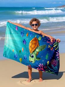 1pc Sea Turtle Kids Beach Towel, Super Soft Microfiber Extra Large Beach Blanket, Super Absorbent Bath Towel, Suitable For Travel, Swimming Pool, Diving, Surfing, Yoga, Camping, Available In Multiple Sizes, Beach Accessories For Beach, Pool, Travel, Camping, Yoga - Multicolor - View 2