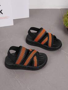 婴儿连体凉鞋，条纹松紧带设计，时尚男童套脚鞋，编织工艺 - 橘色 - 查看 2
