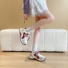 Women's Thick Sole Casual Sneakers, Breathable Mesh Retro Gump Shoes, Anti-Slip Durable Lace-Up Chunky Sneakers - Red - View 6