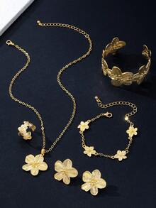1 套雕刻四叶草花金色女士首饰套装，包括 1 对耳环、1 条项链、1 条手链、1 个手镯、1 个戒指 - 金黃色 - 查看 2
