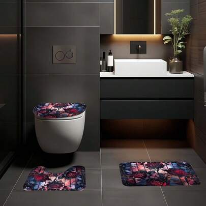 1/4 件套哥特玫瑰图案浴帘套装，防水涤纶浴帘（含 12 个挂钩），防滑浴垫，U 型马桶盖套，浴室装饰，浴室配件套装，71x71 英寸