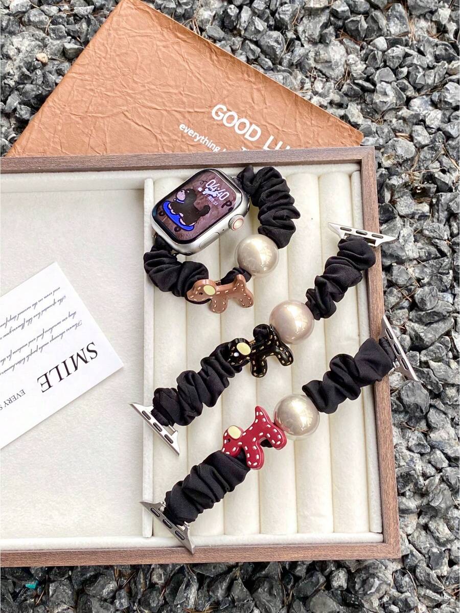 Apple-Puppy Pearl Scrunchie Style Strap Compatible With Apple Watch Bands, Fashionable Bestselling Strap For S10/S9 Smartwatches - Brown - View 1