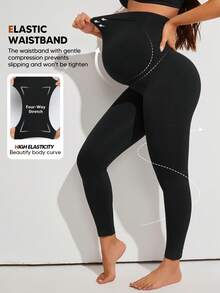 Maternity Solid Color High Elastic Underbelly Leggings Spring Black - Black - View 3