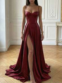 Elegante Vestido de Noche Formal para Fiesta Romántico Sexy con Cintura Entallada Abertura Alta y Tirantes Finos para Boda - Burdeos - Ver 1