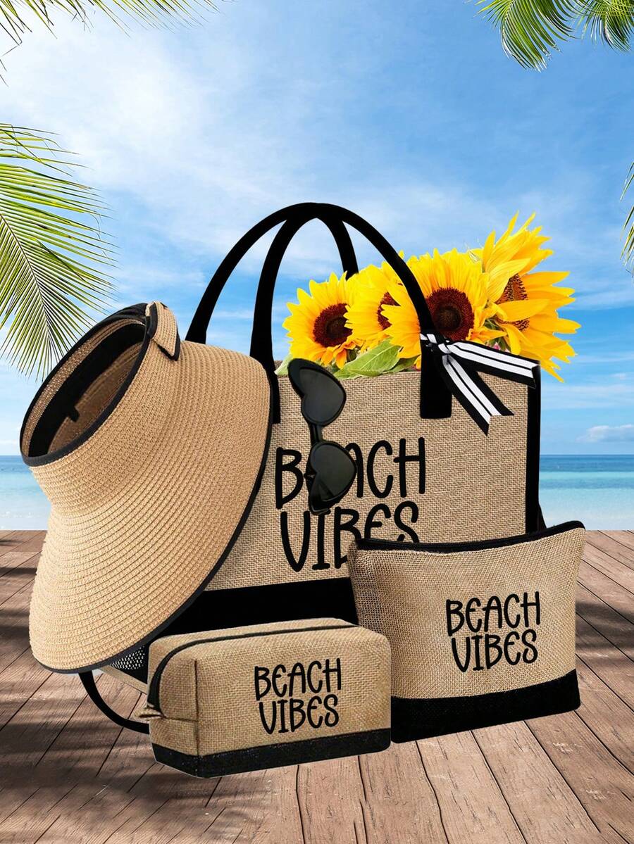 Bộ túi xách đi biển dành cho nữ với họa tiết chữ "Beach Vibes", túi xách dung tích lớn kèm kính râm thời trang màu đen, 1 mũ đi biển và 2 túi đựng mỹ phẩm. Túi mua sắm nhẹ, có thể tái sử dụng, ví đựng tiền xu mini, túi đựng đồ đa năng phù hợp cho những chuyến đi cuối tuần, đi làm, sử dụng hàng ngày và các kỳ nghỉ biển mùa xuân/hè.