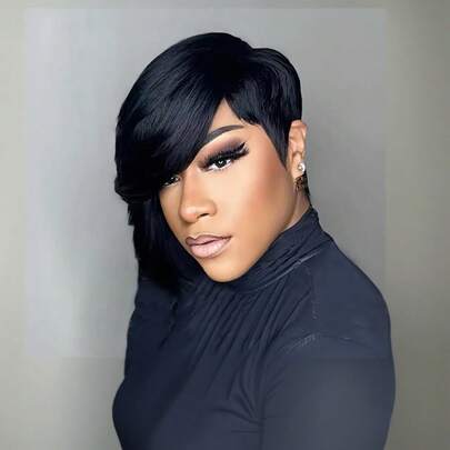 优雅精灵短发假发，女士适用 - 20.32厘米无胶真人发，长款飘逸刘海，直发黑色，99J，4#棕色，玫瑰色网帽，适合所有头型 - 优雅风格假发