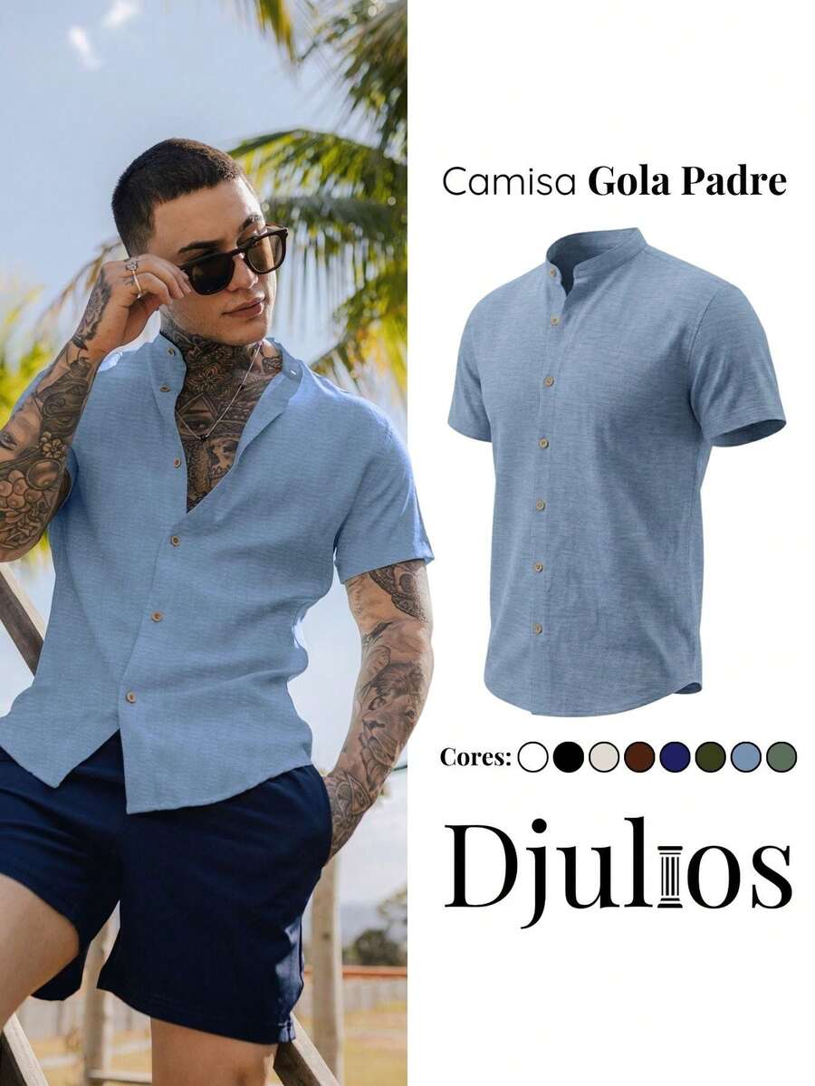 Light Blue Men's Dress Shirt With Mandarin Collar, Lightweight And Cool Dunas Fabric - Summer 2026 - Beach Shirt - Everyday Shirt - 霧霾藍 - 查看 1