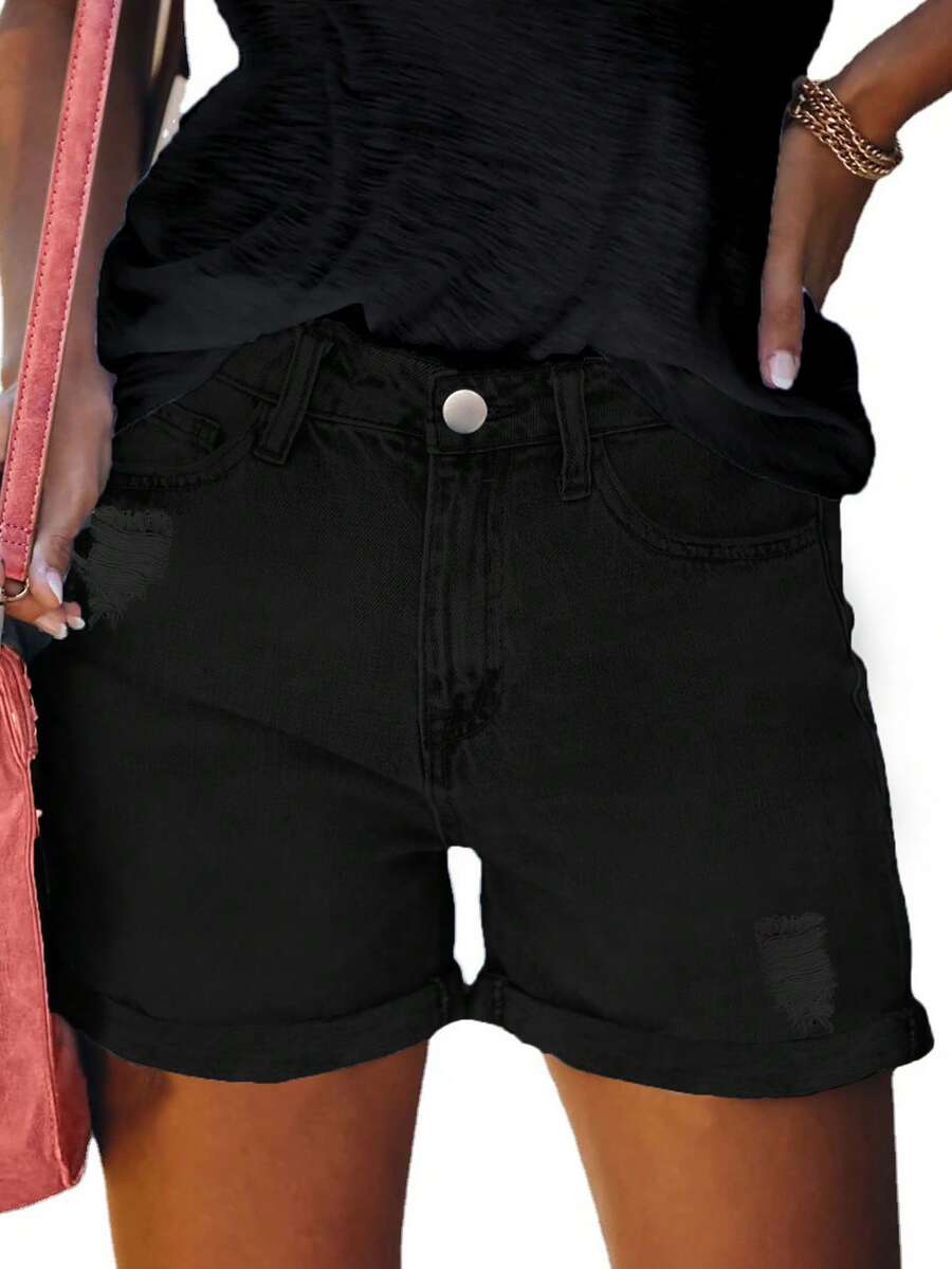 休闲街头风女式宽松牛仔阔腿短裤，夏季时尚 - 黑色 - 查看 1