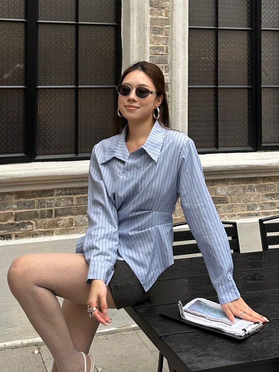 女士时尚条纹领长袖衬衫，适合春秋季穿着 - 藍色 - 查看 1