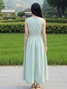 Y6Y 法式新款夏季女式绿色休闲无袖中长连衣裙 - 綠色 - 查看 2