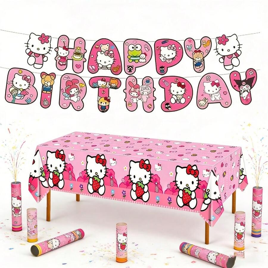 SANRIO Pink Party Decoration Set, Including Banner And Tablecloth, Suitable For Birthday And Holiday Party Decoration - As Shown In the Figure - View 1