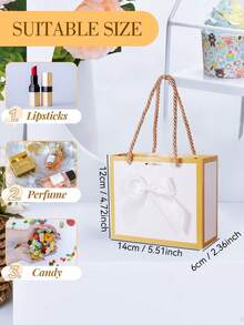 10pcs/1pc/Small Thank-You Gift Bag With Bow And Handle, Measuring 14X12X6CM. Suitable For Jewelry, Baby Showers, Bridal Showers, Wedding Season/Mother's Day And Christmas Holiday Gifts. - Gold Trim + White Bow - View 4