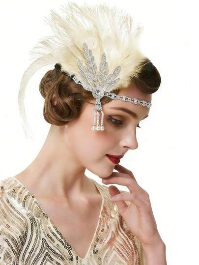 1920s Headband With Feather, Bohemian Headpiece For Women, Zinc Alloy Rhombus Pattern Headband With Feather Decor