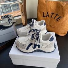 Women's Thick Sole Casual Sneakers, Breathable Mesh Retro Gump Shoes, Anti-Slip Durable Lace-Up Chunky Sneakers - Blue - View 3