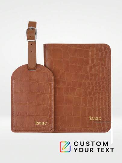 2pcs Personalized Passport Holder And Luggage Tag Set, Customized Name Faux Crocodile Leather Passport Cover, Luxury Crocodile Pattern Wallet-Style Passport Holder, Travel Accessories, Bridesmaid Gift, Wedding Friend Gift