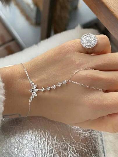 1pc Silver Bohemian Style Geometric Zirconia Knuckle Hand Chain Bracelet For Women, Summer Beach Jewelry