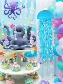 3pcs Ocean Theme Blue Jellyfish Paper Lanterns, Suitable For Classroom Windows, Doors, Gardens, Festivals, Ocean Parties, Mermaid Birthday Decorations - Multicolor - View 4