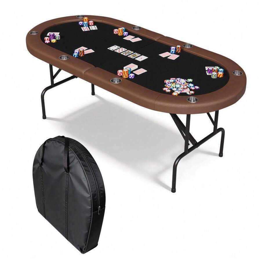 Mesa de póquer plegable para 8 jugadores, mesa de casino Texas Holdem de 72 pulgadas con barandillas acolchadas y portavasos, mesa de juego plegable portátil para el hogar o la sala de juegos - Color: Borde marrón + negro - Ver 1