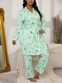 Plus Size Casual Pajama Set, Women's Floral & Butterfly Print Long Sleeve Belted Robe & Cami Top & Pants Lounge 3pcs Set For Fall & Winter - Light Green - View 5
