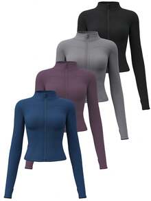 4PCS Women's Solid Color Stand Collar Zipper Long Sleeve Thumb Hole Minimalist Fashion Sports Jacket,Slim Fit Yoga Tops For Exercise, Compression, Soft Elasticity, And Breathable. Suitable For Running, Cycling, Fitness, Outdoor Sports, Training Yoga  Jacket Workout Women Jacket Women Workout Jacket Gym Women Outfit - 4PCS(Black + Gray + Navy blue + Purple) - 查看 4