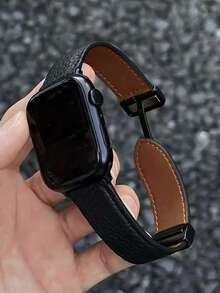 Unisex Synthetic Leather Magnetic Watch Band, Compatible With 46mm, 45mm, 49mm, 38mm, 40mm, 41mm, 42mm, 44mm Watches; Compatible With Apple Watch Series Ultra2/Ultra/SE2/SE/1/10/9/8/7/6/5/4/3/2/1, Business, Casual Versatile, Watch Accessory - Black - View 6