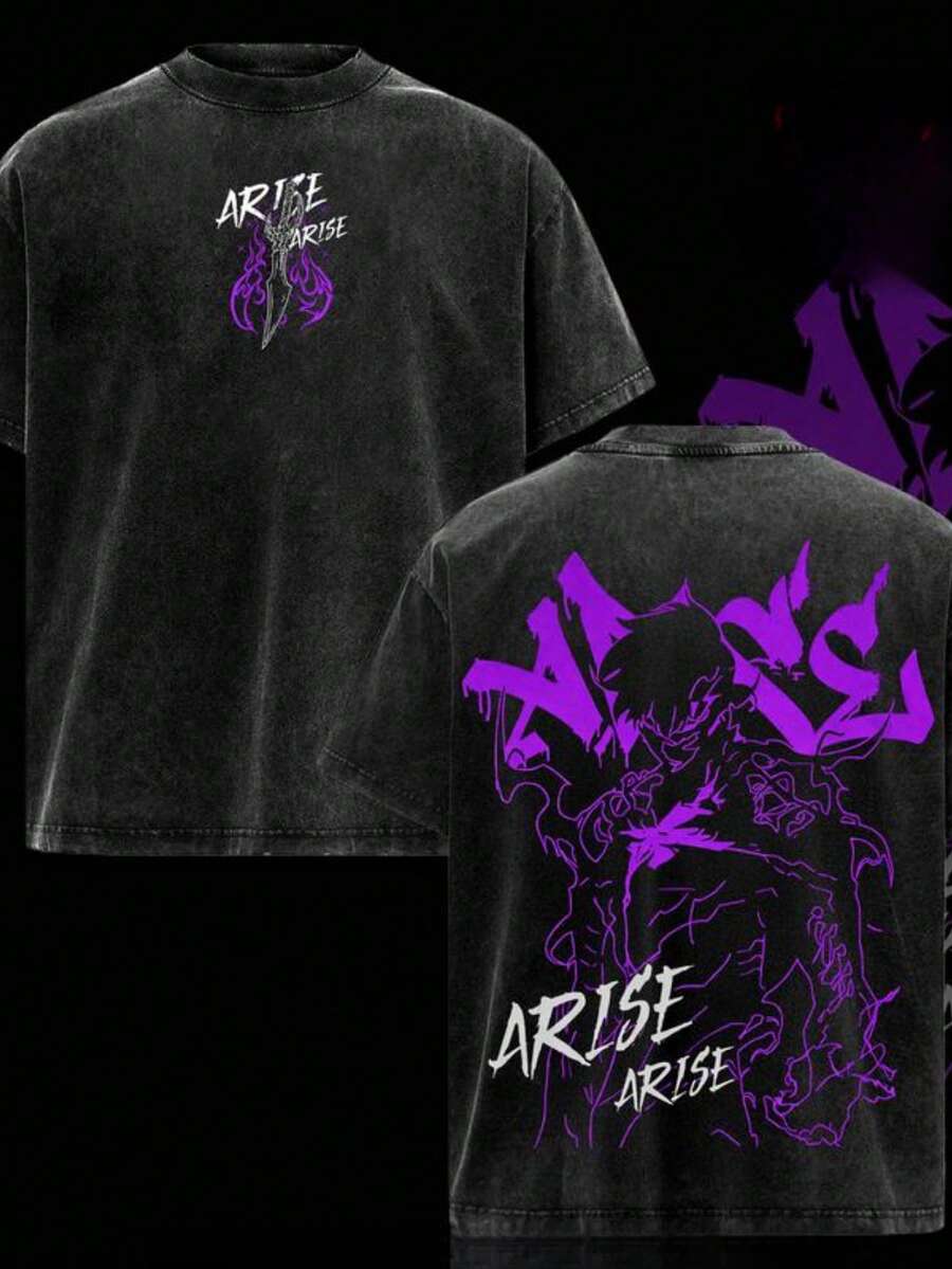 Shadow Monarch T-Shirt, Retro Washed Anime Print T-Shirt, Deep Purple Shadow Army Aesthetic Print, Loose Soft Cotton Streetwear, Unisex Casual Wear, Anime Fan Gift. - 黑色 - 查看 1
