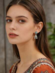 波西米亚风花朵镶嵌绿松石耳环，复古雕花几何吊坠耳环 - 銀色 - 查看 4