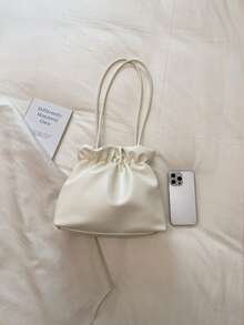 1 Peça Bolsa Tote de Cor Sólida de PU para Mulheres, de Grande Capacidade, Design Plissado Minimalista e Elegante, Adequada para Ir e Vir do Trabalho, Escritório, Compras, Presente - Bege - Visão 4