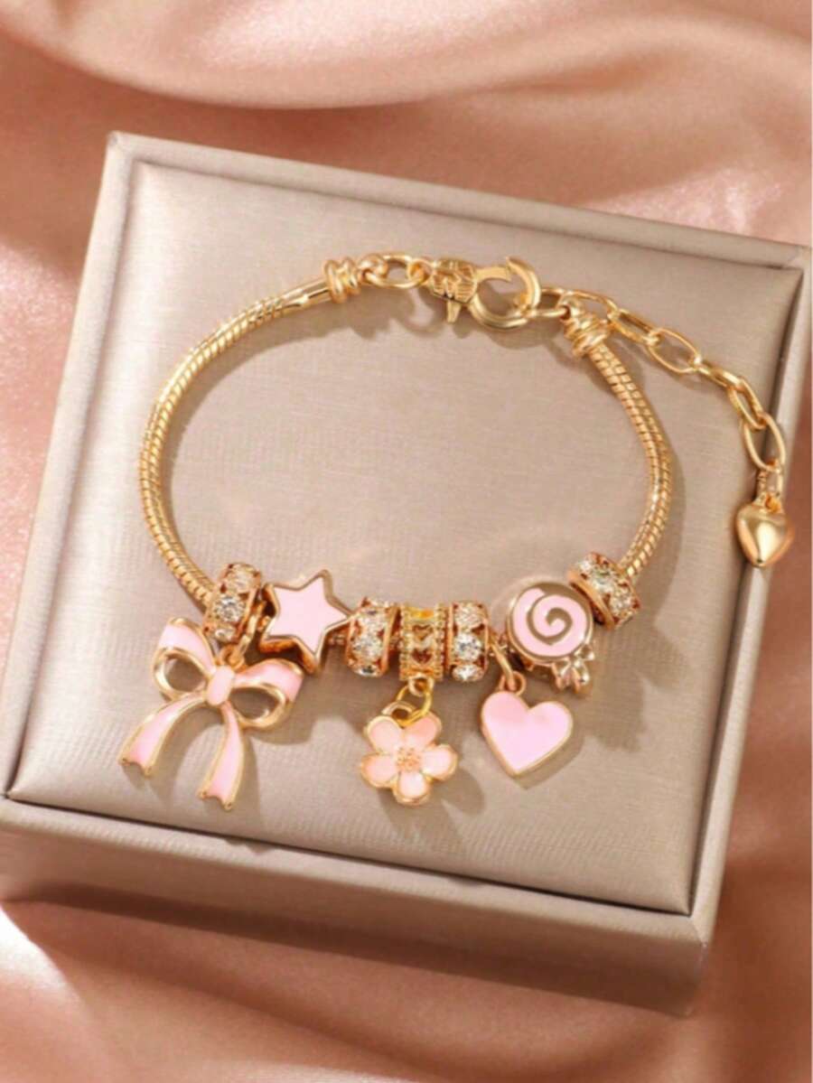 1件可调节金色水晶蝴蝶、心形、花朵棒棒糖串珠手链，优雅女孩礼物 - 彩色 - 查看 1