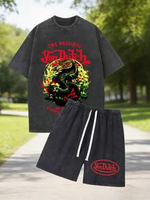 Black Mens Creative T Shirt And Shorts Set American Vintage Full Print Street Wear Essential Graphic T Shirt And Shorts Set With Dragon And Floral Design And Vonn Dutch Logo For Casual Outfits Print Washed T Shirt Set - 黑色 - 查看 1
