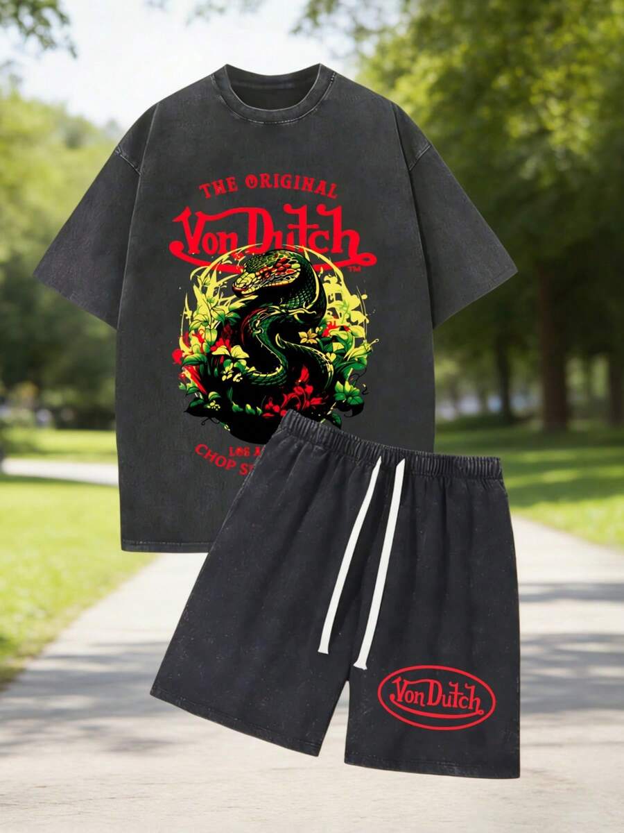 Black Mens Creative T Shirt And Shorts Set American Vintage Full Print Street Wear Essential Graphic T Shirt And Shorts Set With Dragon And Floral Design And Vonn Dutch Logo For Casual Outfits Print Washed T Shirt Set - 黑色 - 查看 1