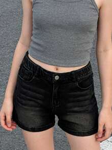 Shorts vaqueros de estilo casual retro y de calle para niñas, para el verano - Negro - Ver 1