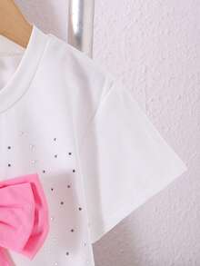 2pcs Young Girls Casual Cute Rhinestone Decor Short Sleeve T-Shirt + Pants Set, Lightweight Spring/Summer, Teenage Casual - White - View 4